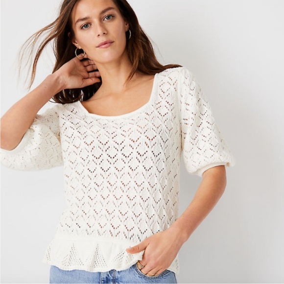 Ann Taylor Sweaters - Ann Taylor Pointelle Sweater Top Square Neck Short Sleeves Ruffle Cotton White